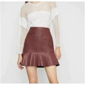 BCBG Max Azria Skirt Mini Faux Leather Burgundy Red Size M Ruffle Drop Hem Women